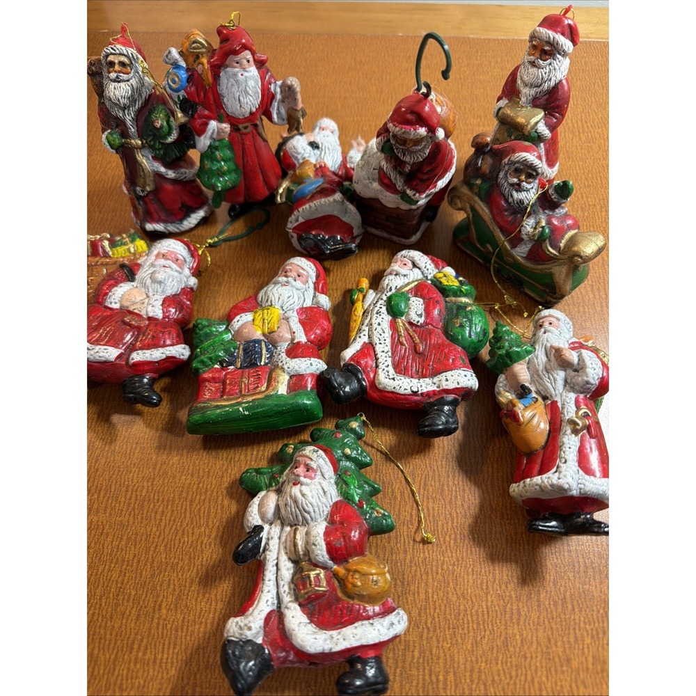 Group of 11 Vintage 1970s Hollow Plastic Christmas Ornaments Santas
